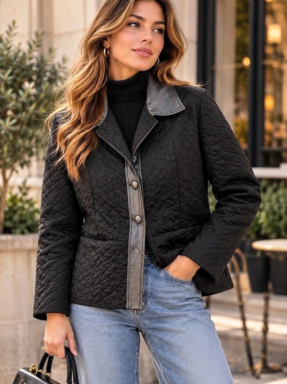 Vintage Mabel Made Italy Black Quilted Jacket Leather Trim Women’s Blazer